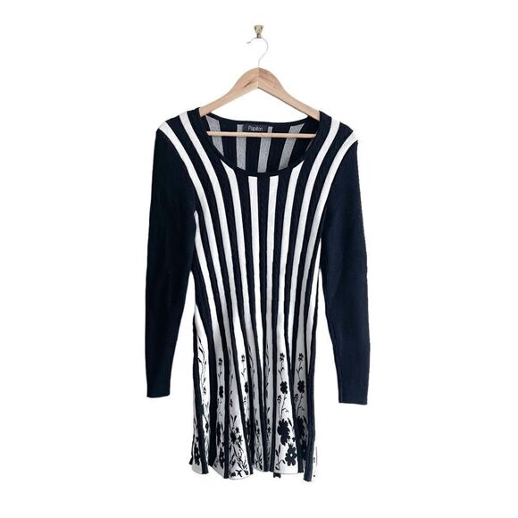 Papillon Blanc Dress Sweater Knit Tunic Black White Striped Women's L Pullover - Picture 1 of 7